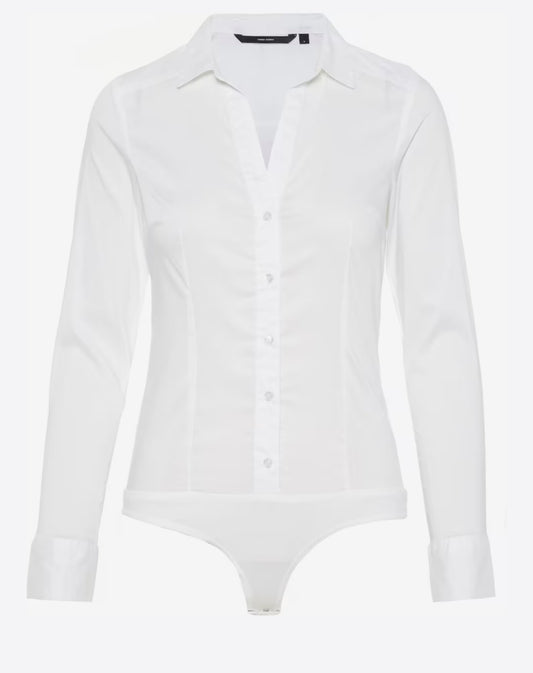 White long-sleeve button-down shirt bodysuit