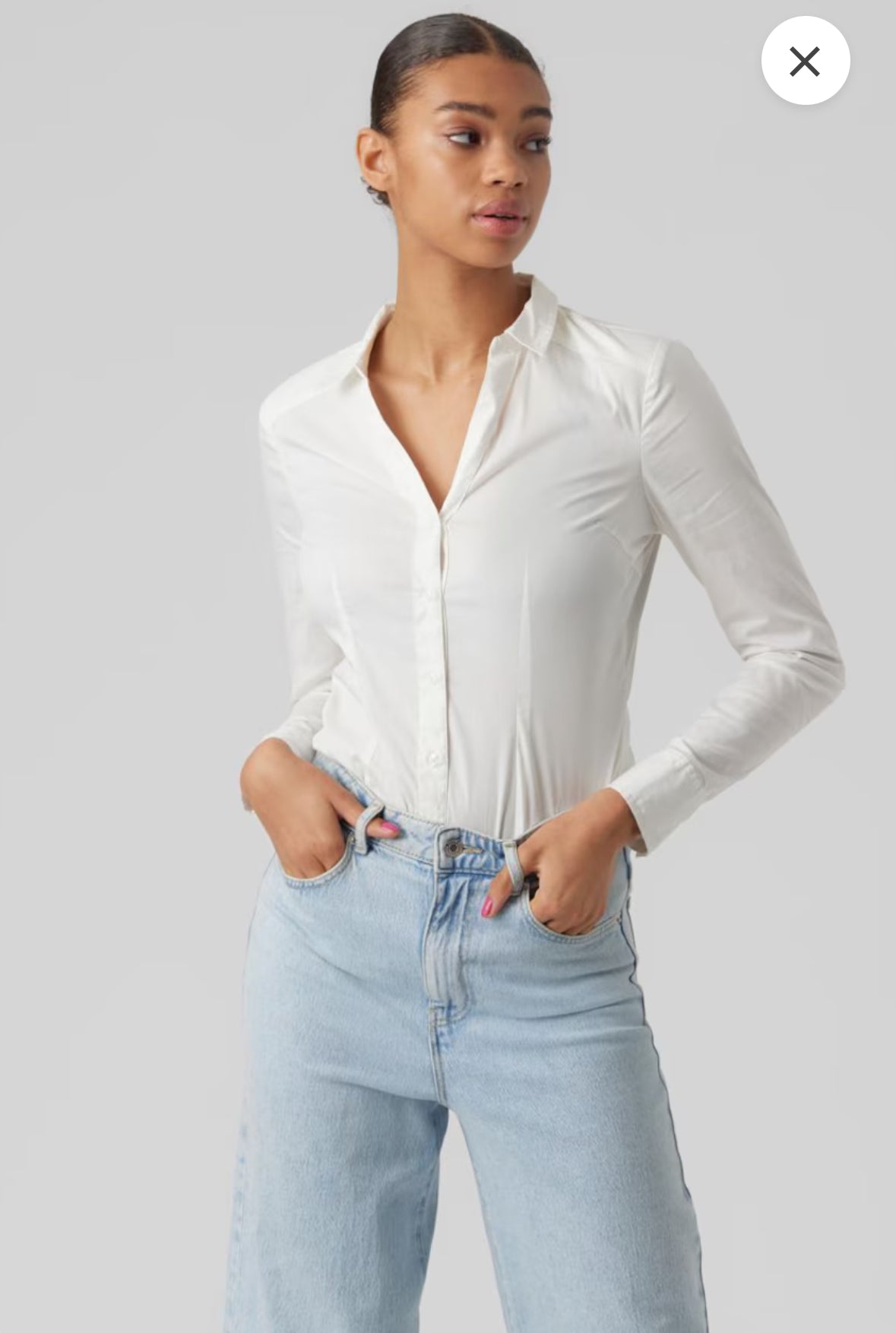White long-sleeve button-down shirt bodysuit