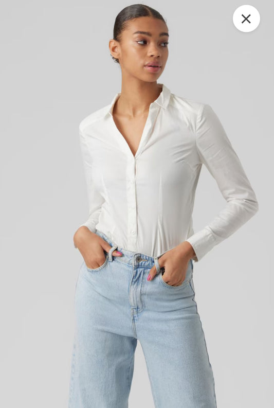 White long-sleeve button-down shirt bodysuit