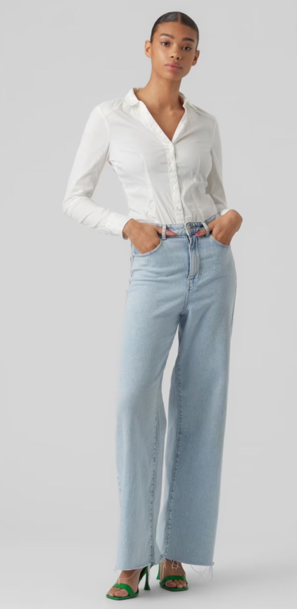 White long-sleeve button-down shirt bodysuit